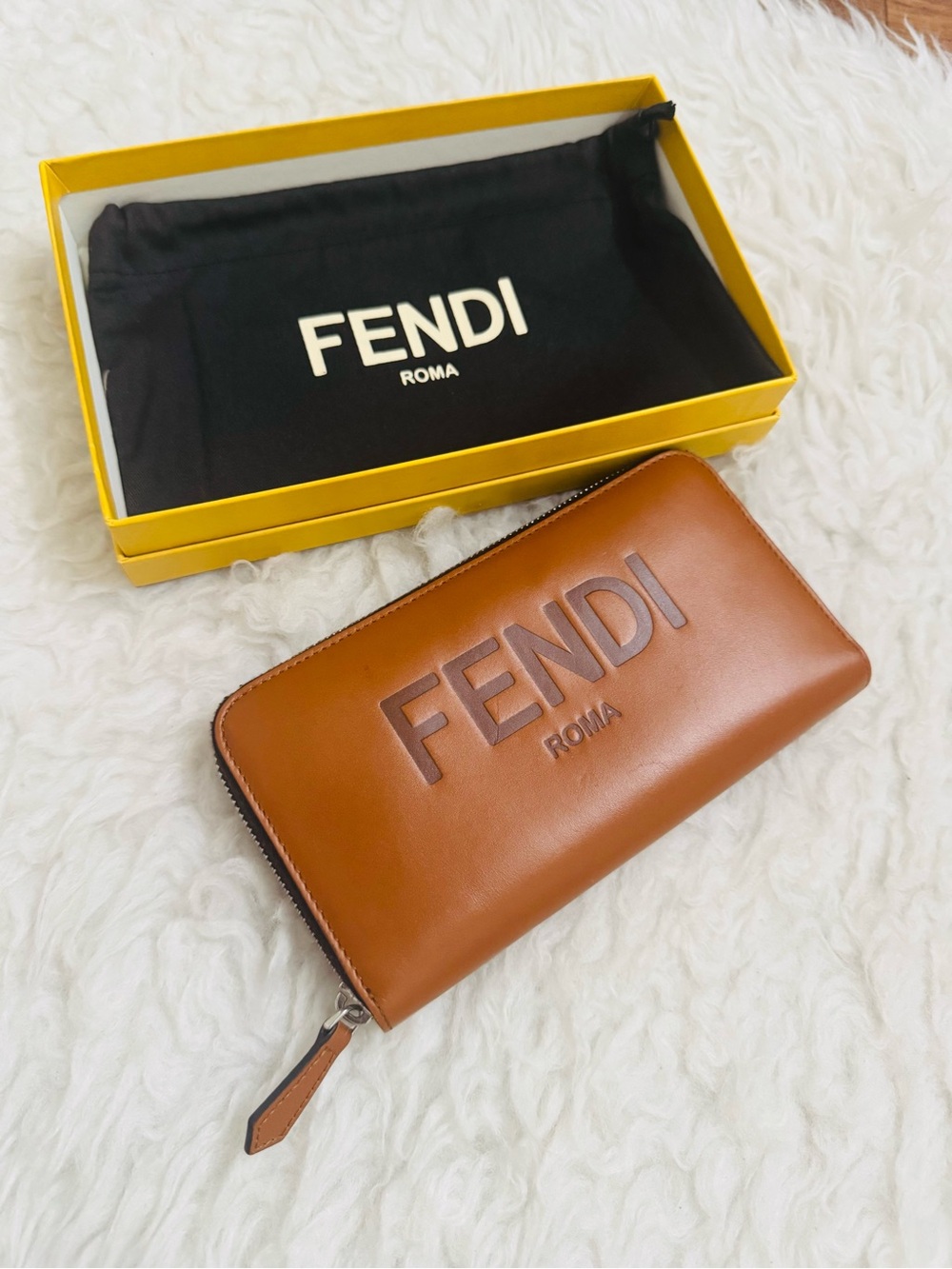 Fendi Brown Embossed Leather Zip Wallet